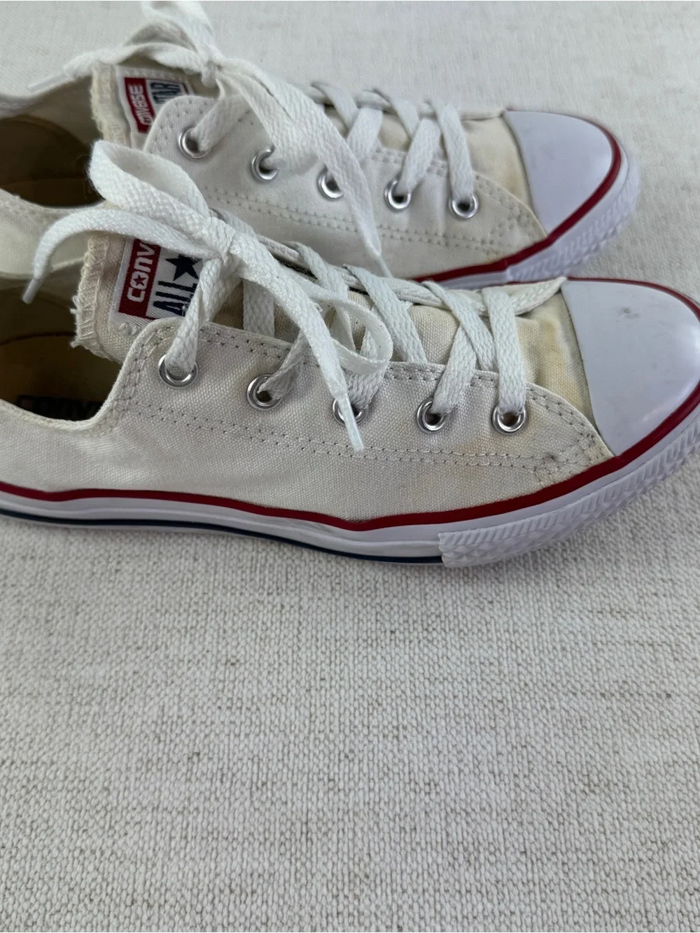 Converse youth size 3 Low Top Canvas Sneakers in Off-White with Red Trim